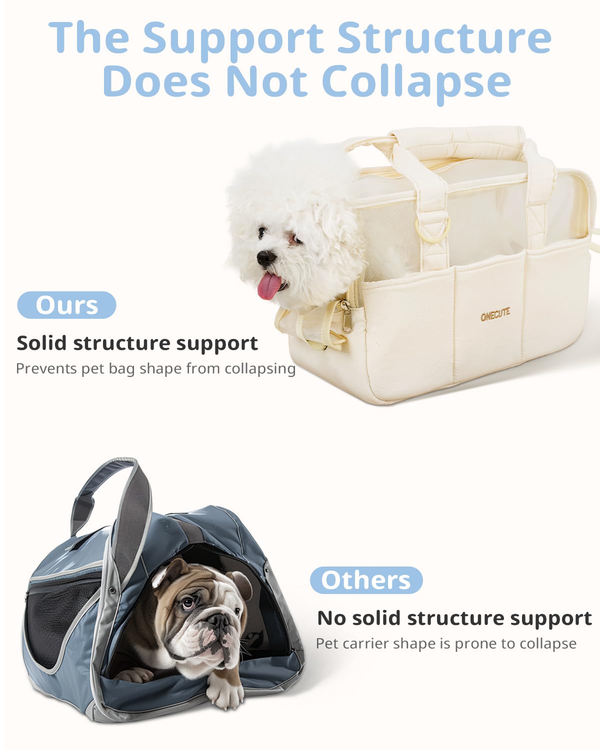 ONECUTE dog purse pockets open demonstrates accessible storage for leashes, treats, and toys.