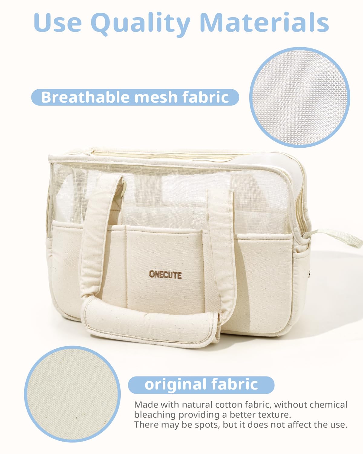ONECUTE dog purse safety rope closeup emphasizes built-in tether for added security.