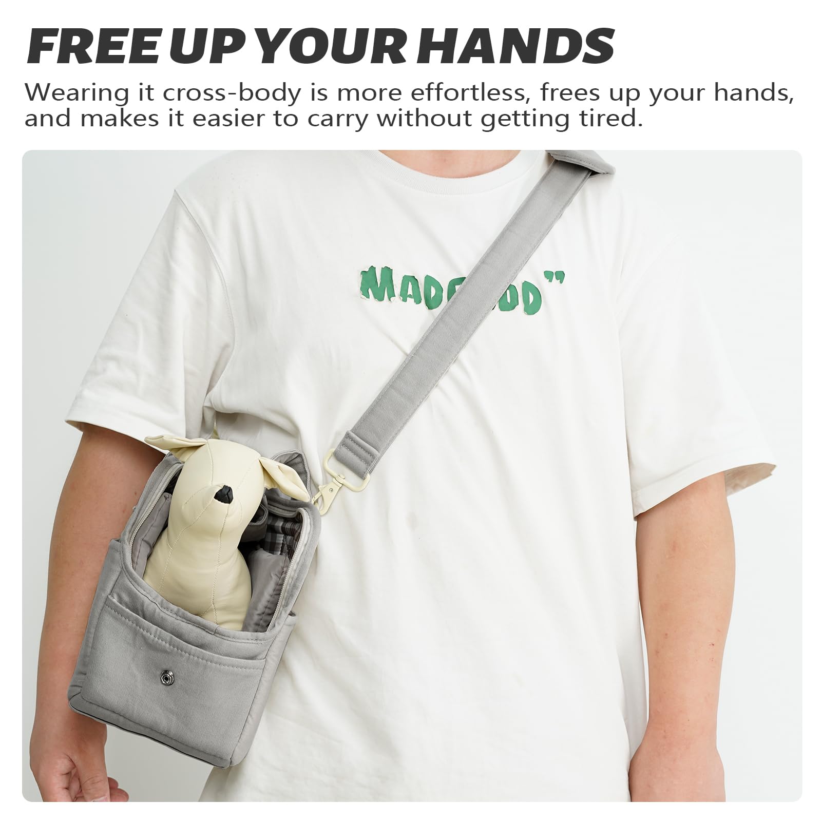 ONECUTE crossbody strap offers hands-free convenience during walks and travel