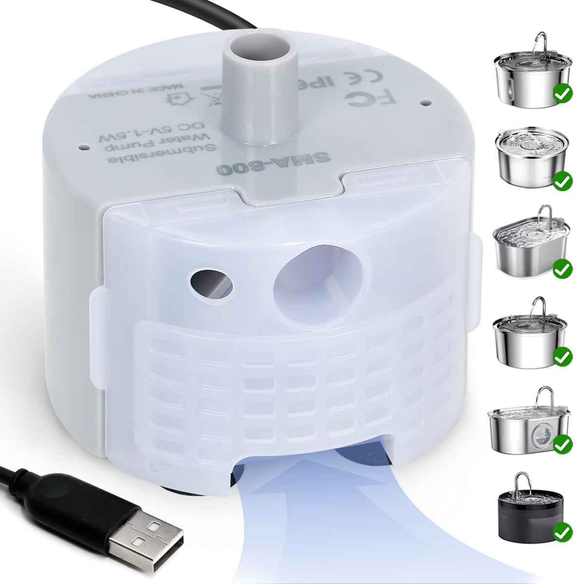 ONECUTE SMA-800 pump front view shows compact, quiet operation for cat fountains.