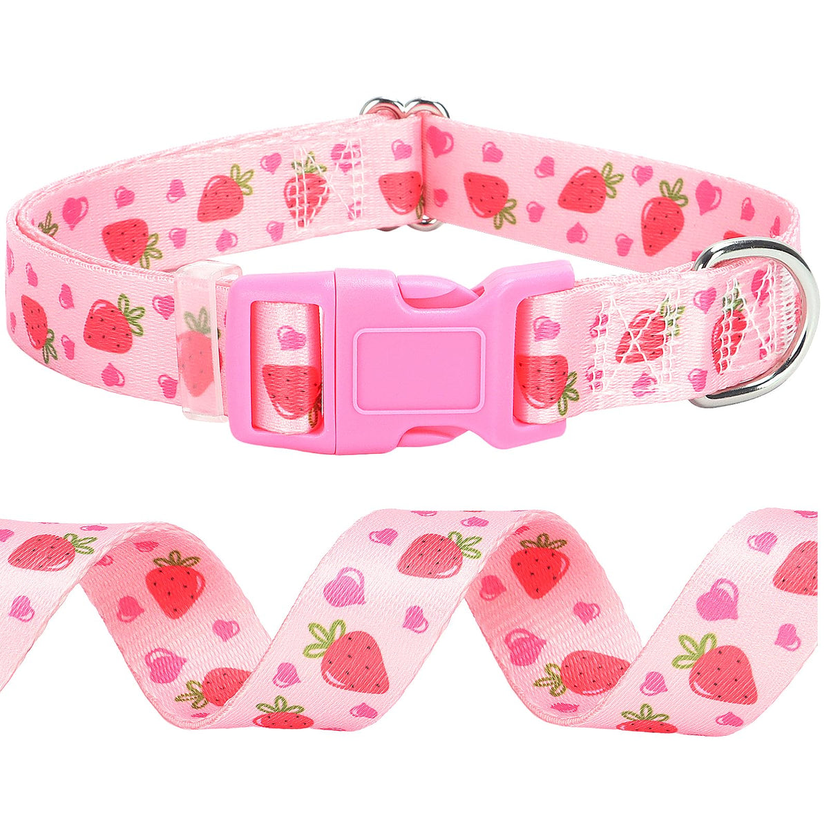 ONEFOJOJO dog collar pink strawberry pattern for daily walks with comfy nylon.