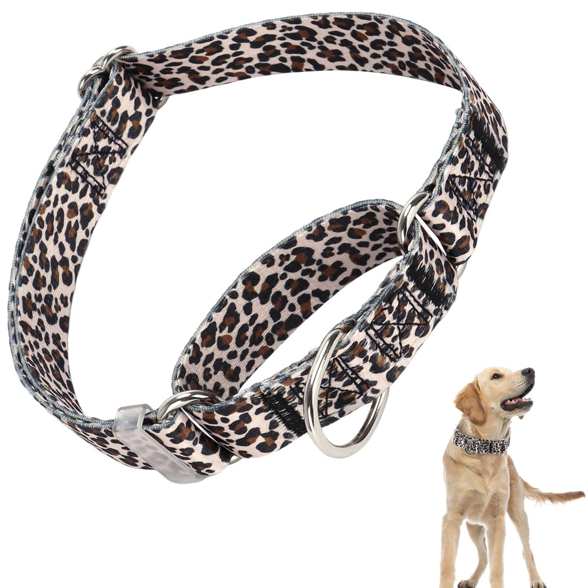 ONEFOJOJO martingale collar leopard close-up shows durable nylon weave for training.