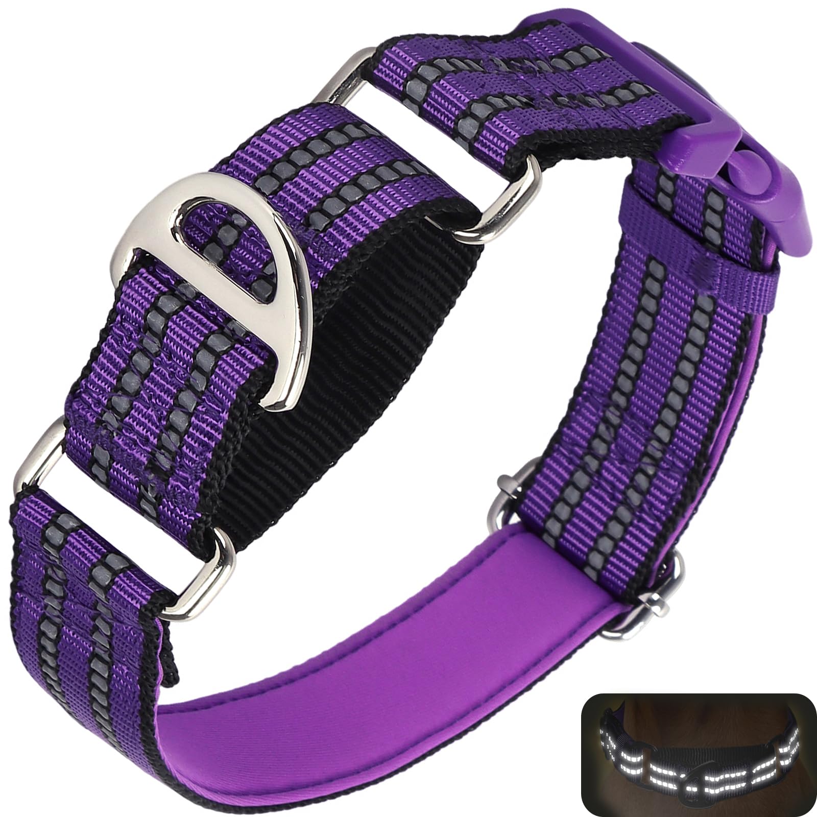 ONEFOJOJO martingale collar with reflective-buckle improves night visibility for dogs.