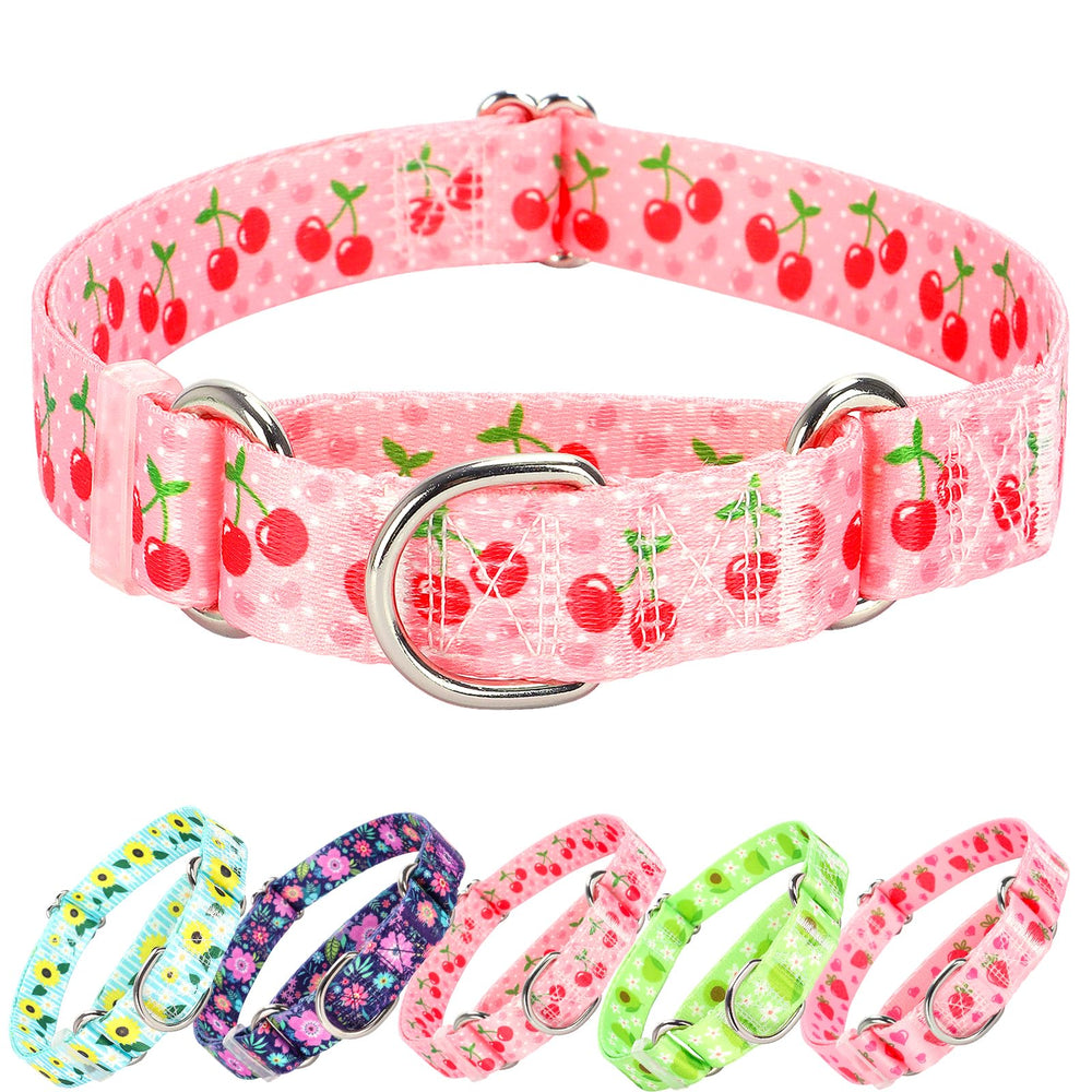 ONEFOJOJO pink cherry martingale collar front view for secure control on walks