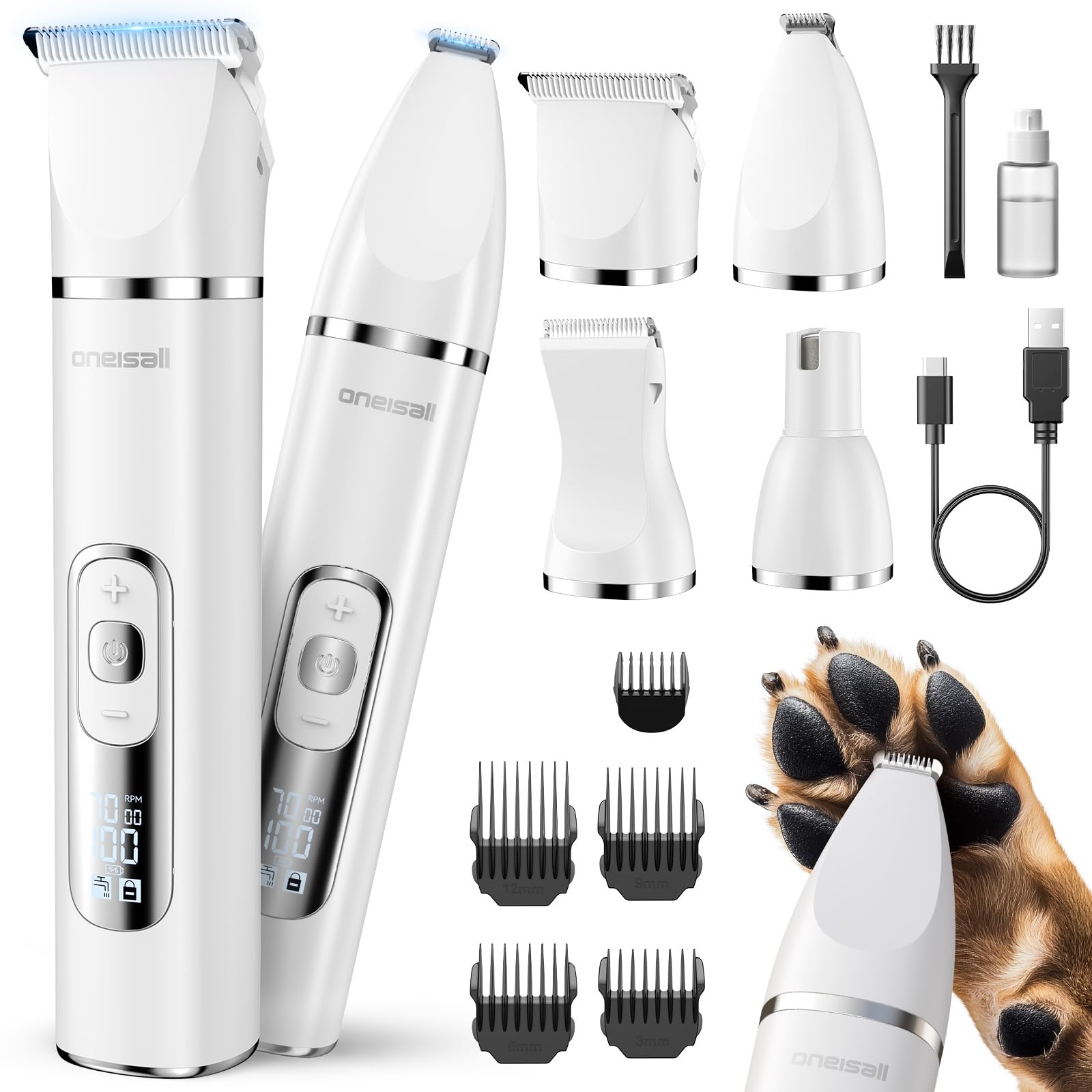 oneisall 4-in-1 dog grooming kit front view for at-home grooming versatility