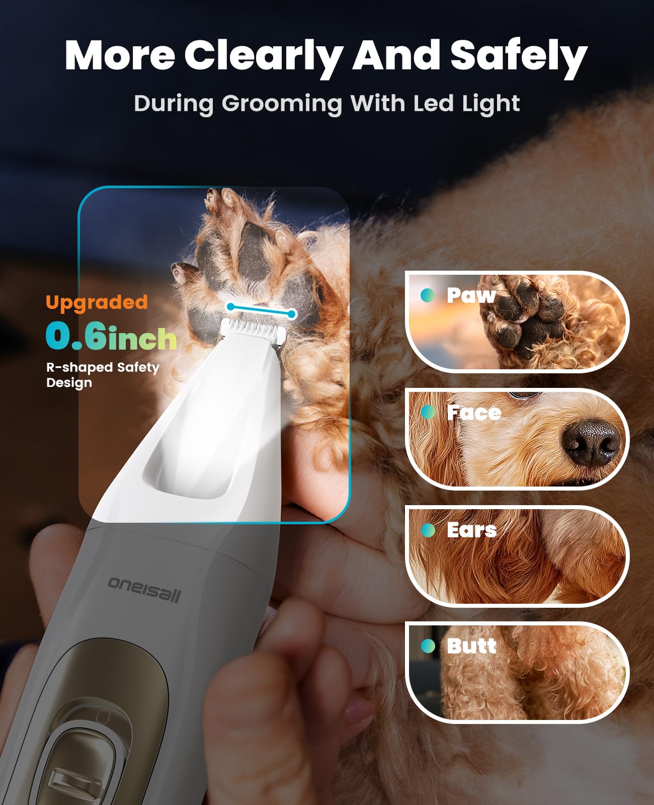 Oneisall 4in1 grooming attachments show versatility for body, paws, nails.