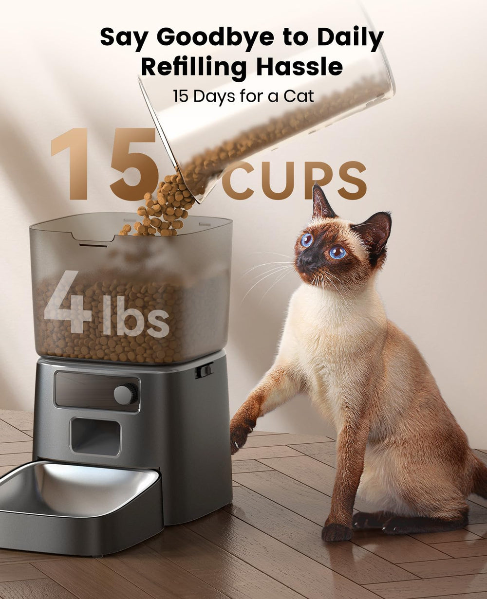 oneisall automatic cat feeder 15-cup tank for longer intervals between feeds