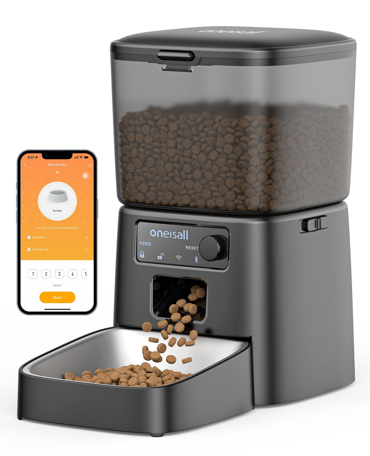 oneisall automatic cat feeder front view showing dependable on-time meals
