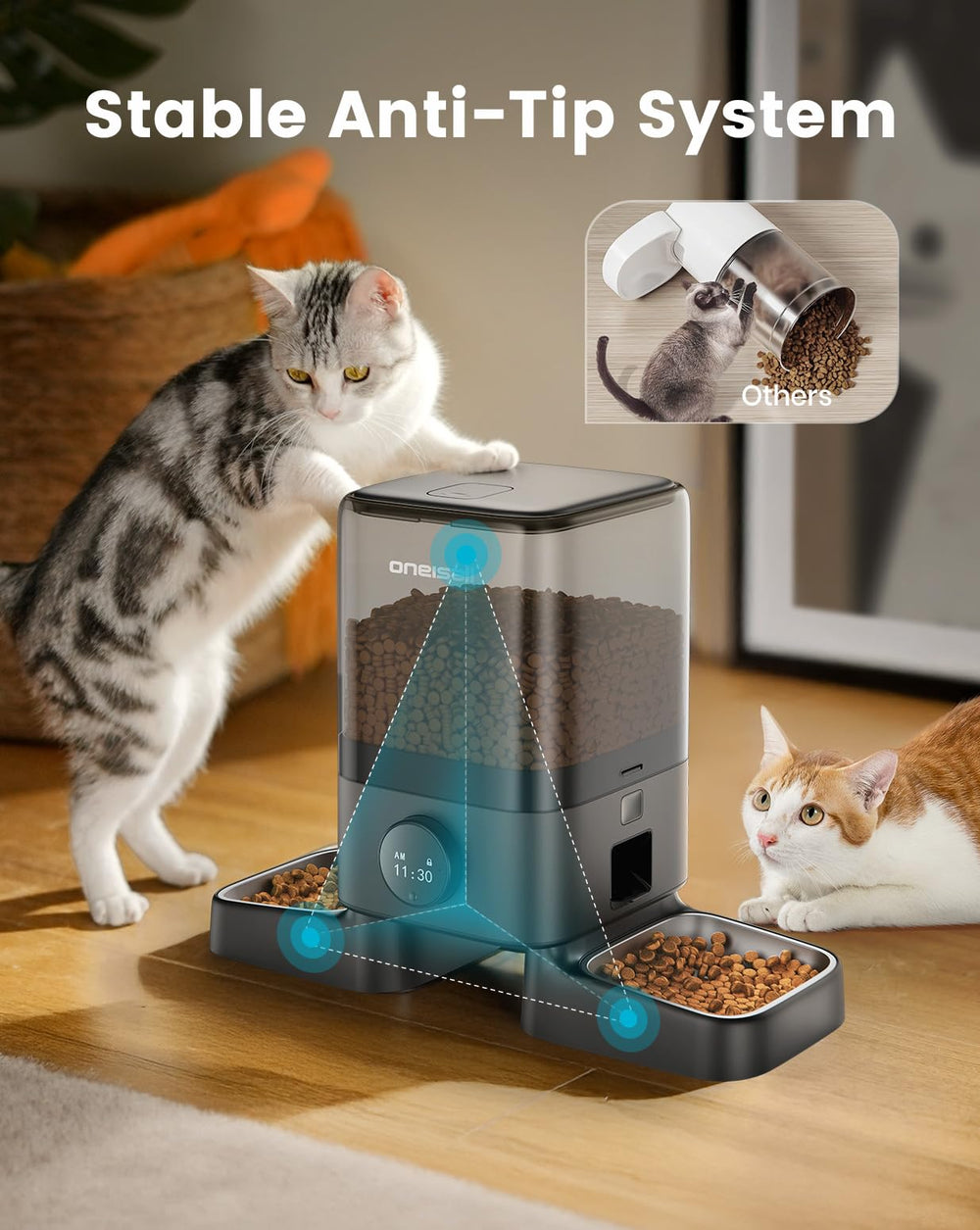 oneisall quiet operation of automatic cat feeder in home