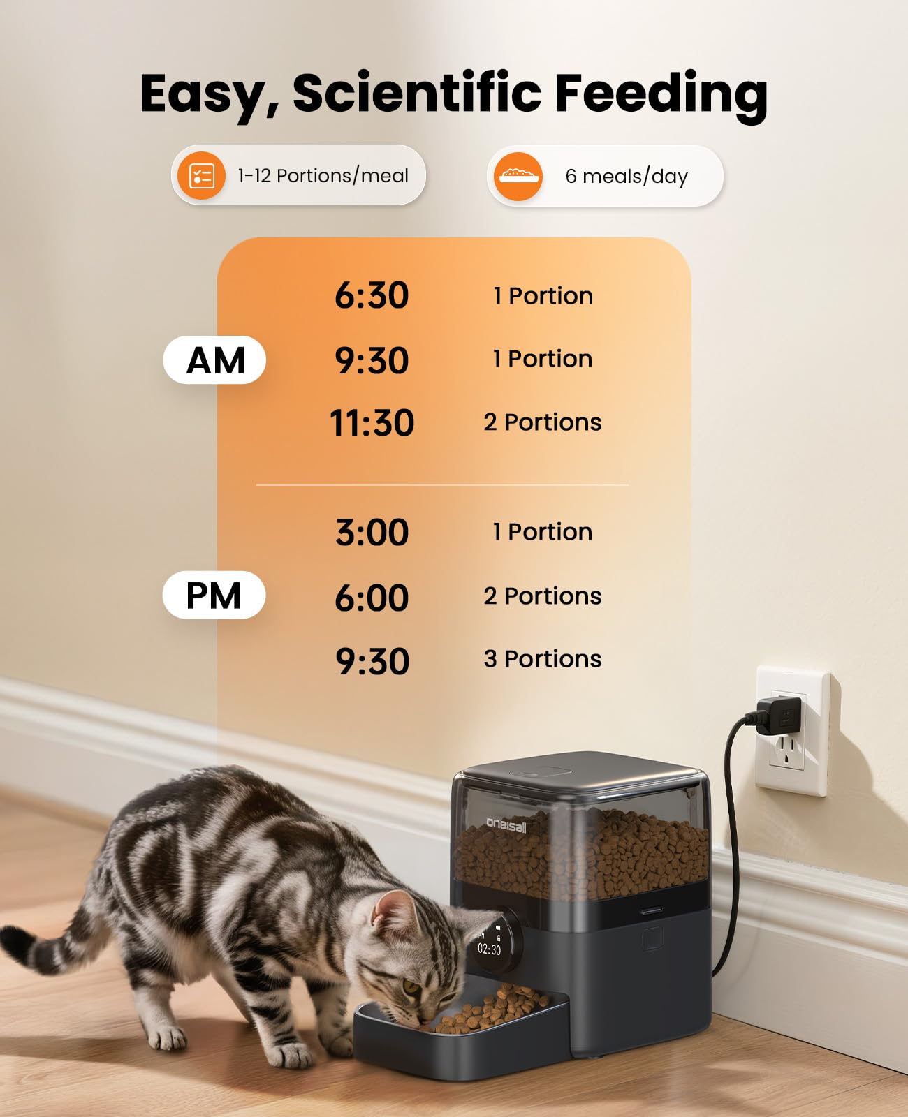 OneIsAll automatic cat feeder side profile showing compact footprint for space saving
