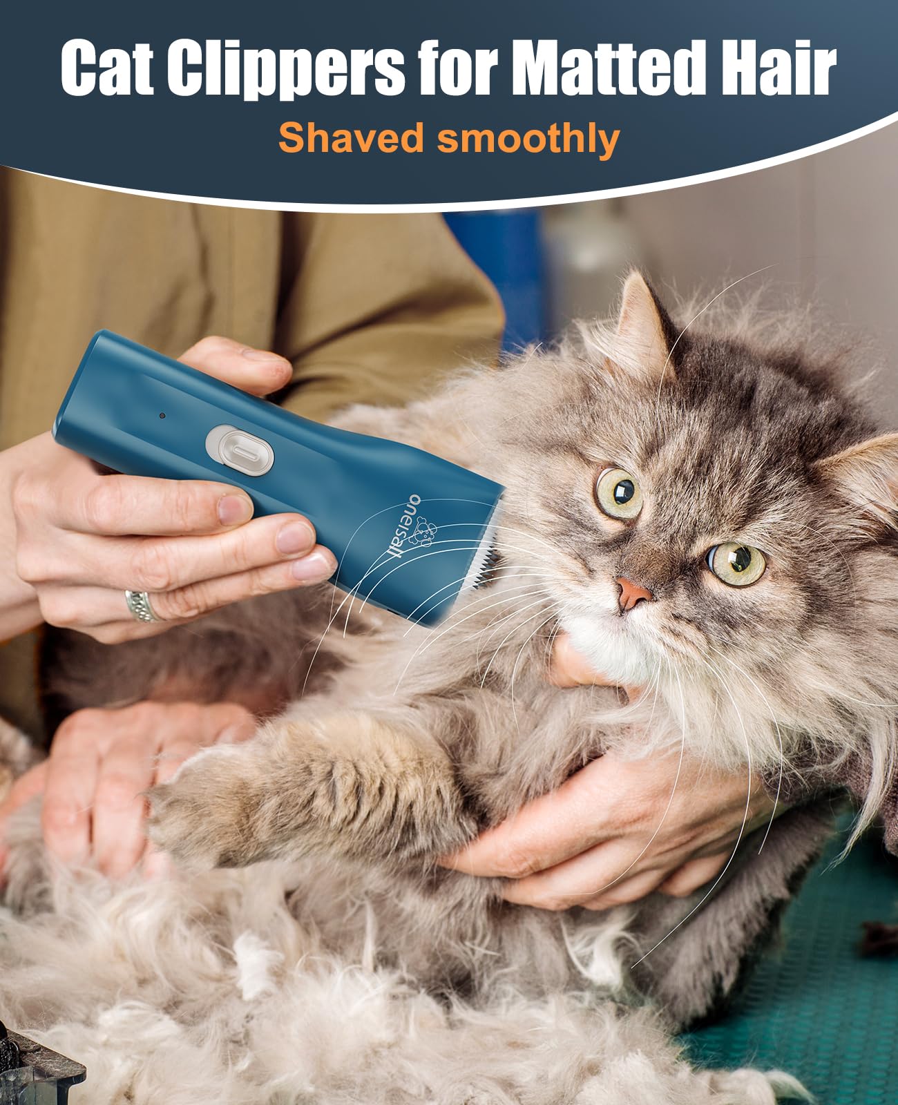 Oneisall cat clipper in hand for precise trimming on mats