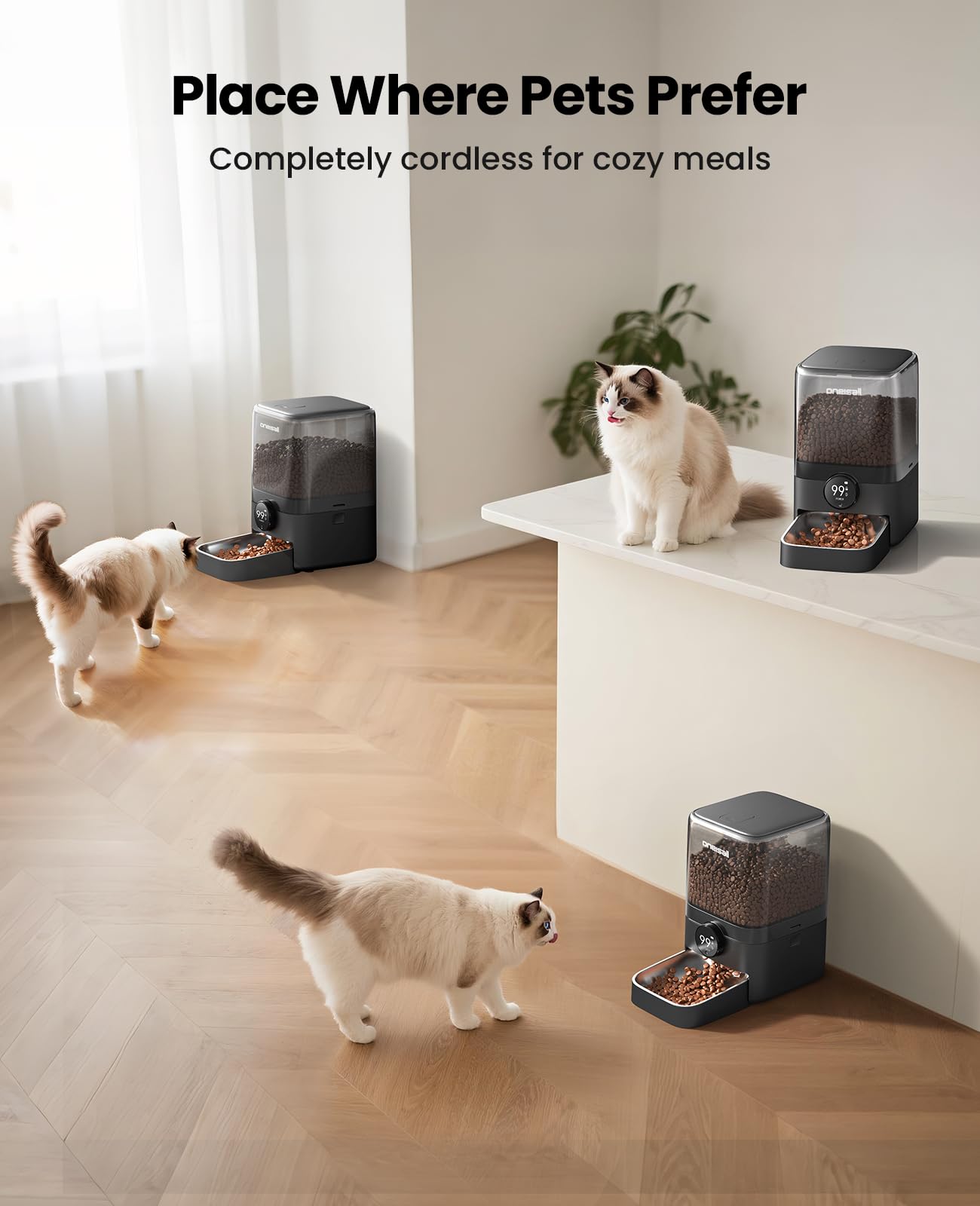 Oneisall cat feeder battery indicator highlights remaining days for easy recharging planning.