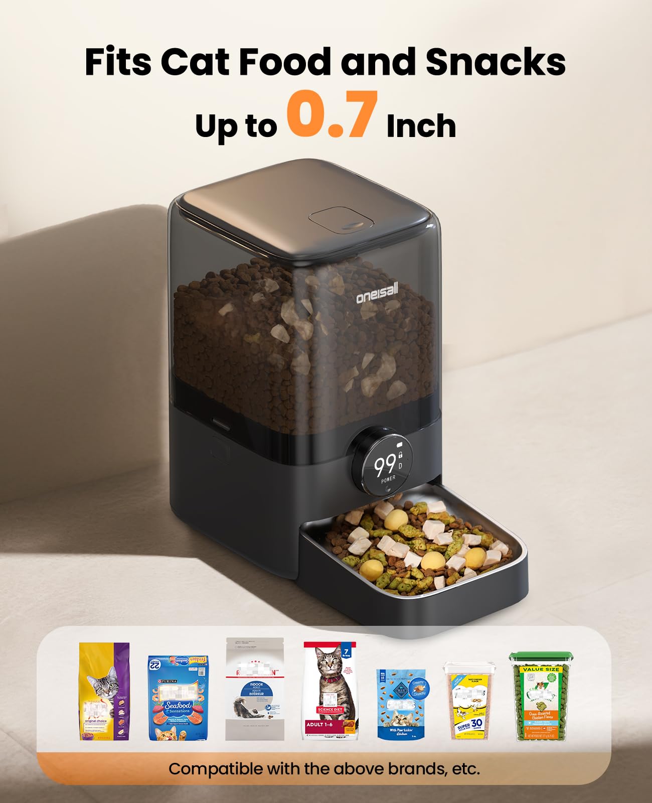 Oneisall cat feeder recorded voice message enables a comforting meal time call.