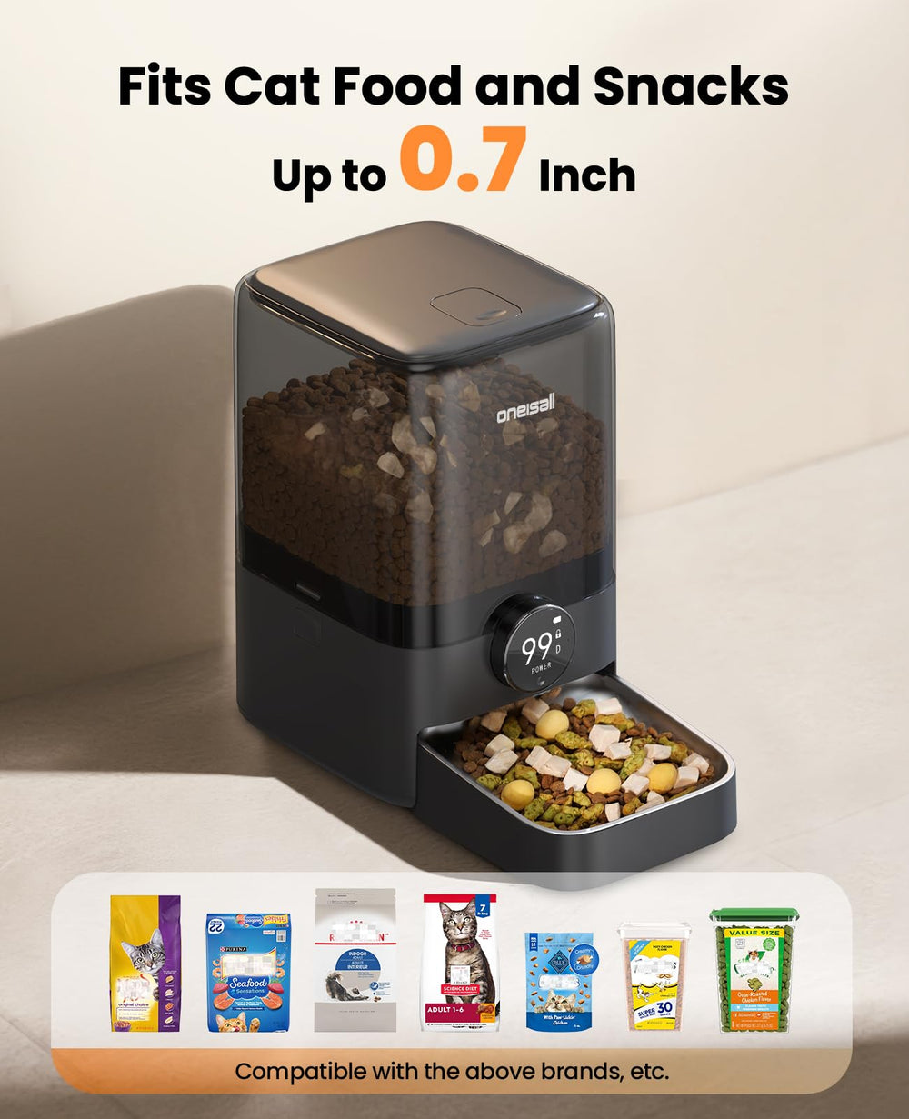 Oneisall cat feeder recorded voice message enables a comforting meal time call.