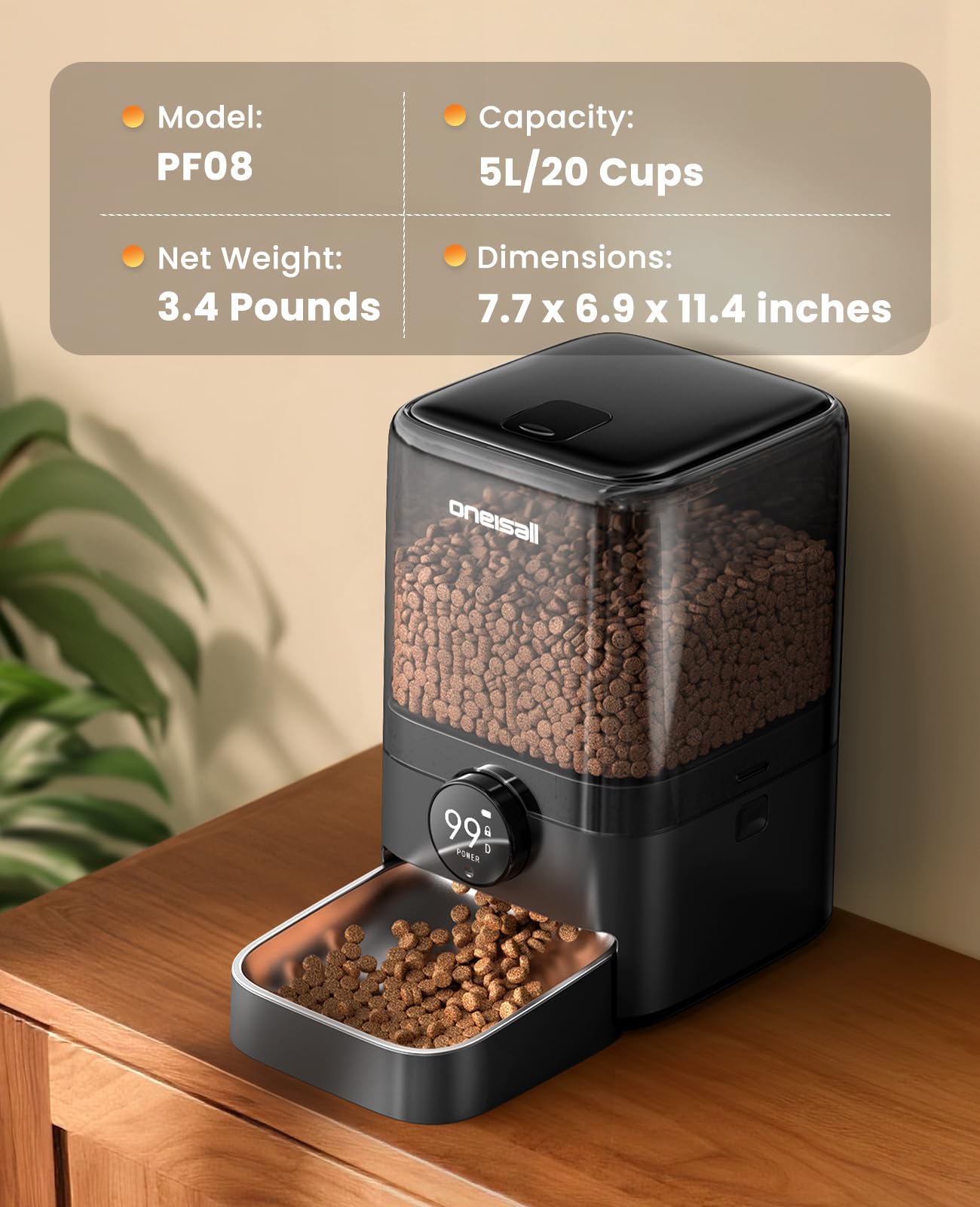 Oneisall cordless cat feeder placement image shows versatile spots like shelves and counters.