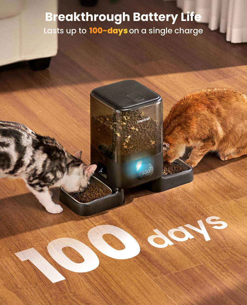 oneisall cordless-wifi-automatic-cat-feeder battery indicator shows long-lasting 100-day battery