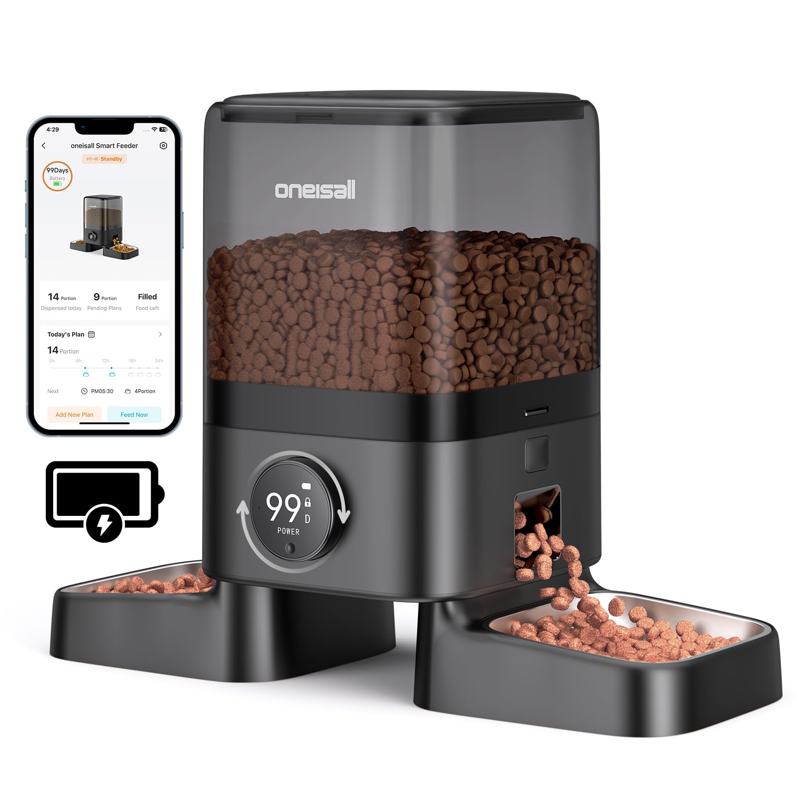 oneisall cordless-wifi-automatic-cat-feeder front view shows cord-free setup for flexible placement and feeding
