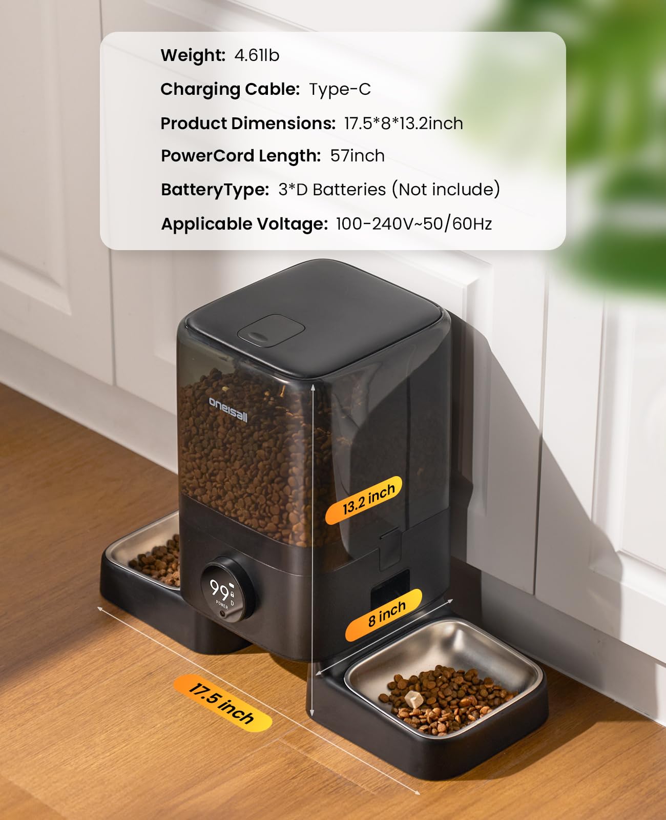 oneisall cordless-wifi-automatic-cat-feeder stainless bowl close-up shows hygienic dishwasher-safe bowl
