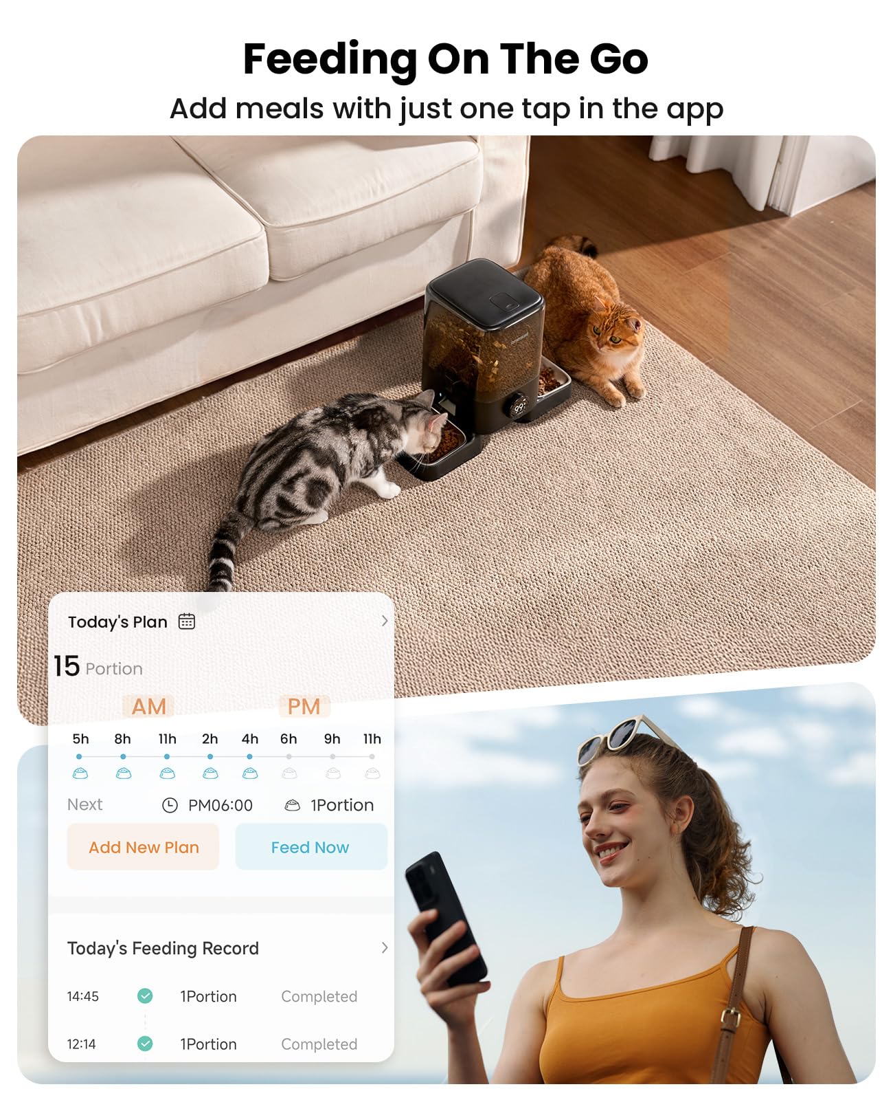 oneisall cordless-wifi-automatic-cat-feeder top view highlights balanced double-bowl layout for two cats