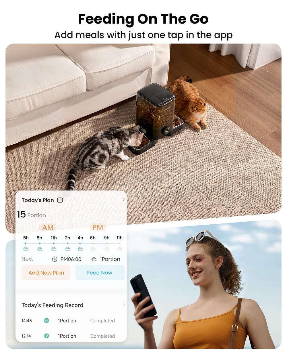 oneisall cordless-wifi-automatic-cat-feeder top view highlights balanced double-bowl layout for two cats