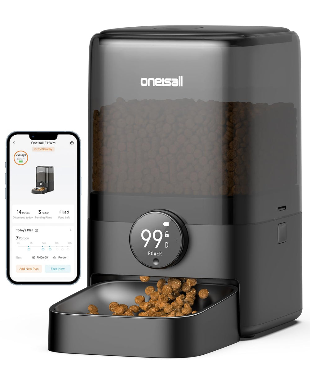 Oneisall cordless WiFi cat feeder front view for flexible placement and convenient remote feeding.