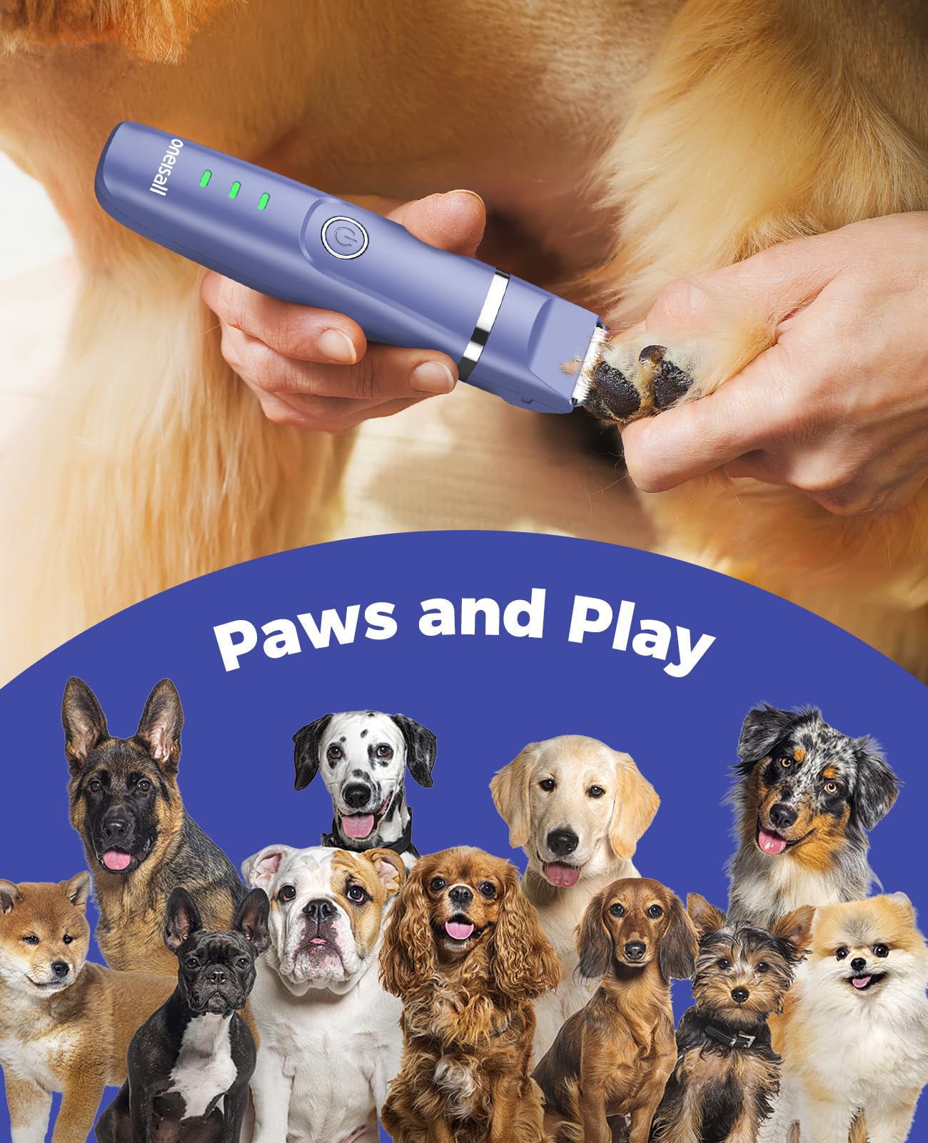 oneisall dog clippers blue in-use during a calm grooming session.
