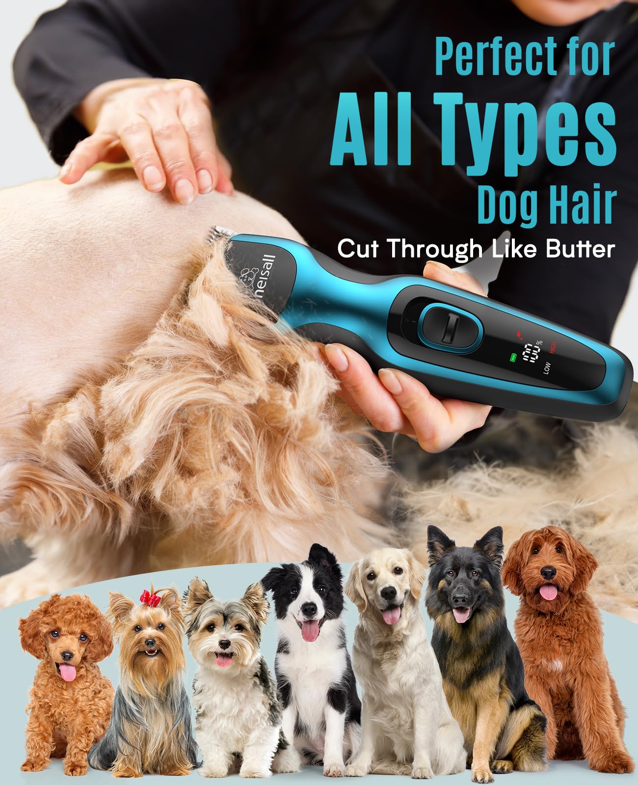 Oneisall cordless-rechargeable dog clippers offer freedom to groom anywhere.