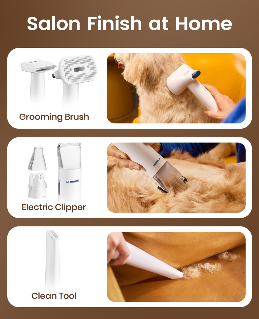 oneisall dog grooming vacuum clipper attachment demonstrates versatile at-home grooming tools.