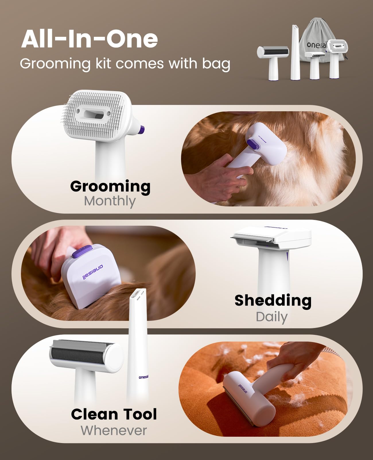oneisall dog grooming vacuum kit suction setup with adjustable power for thick coats