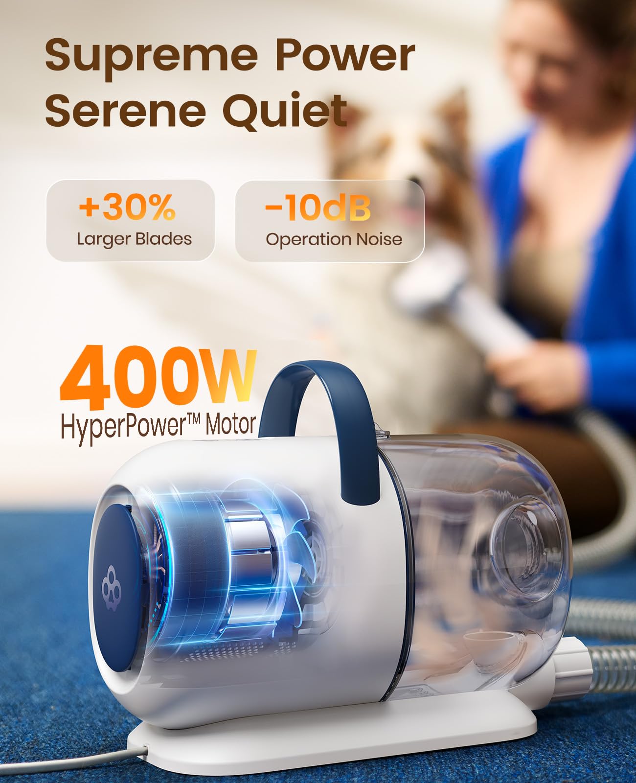 oneisall dog grooming vacuum quiet design image features ≤59dB operation for calm grooming.