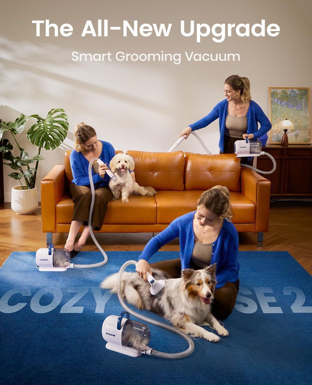 oneisall dog grooming vacuum side view shows compact design for home grooming.