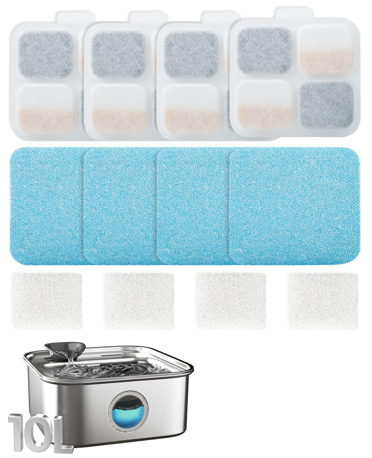 Oneisall dog water fountain with 4-set filters assembly captures debris for easier maintenance.