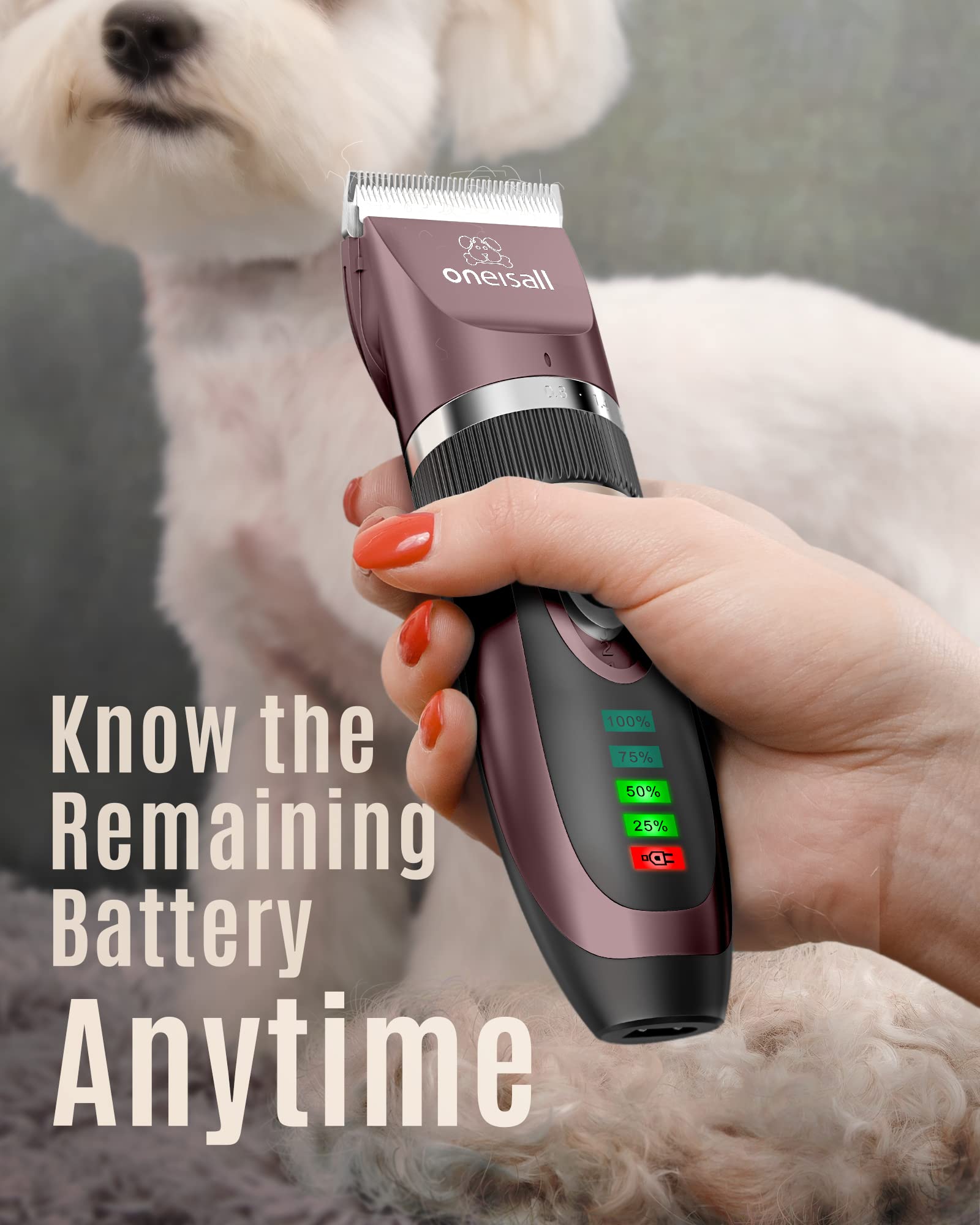 Oneisall Intelligent LCD Display helps track power and charging during grooming.
