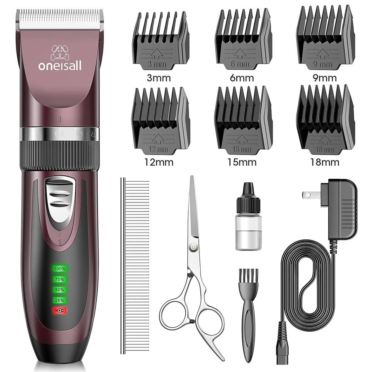 Oneisall Low Noise Dog Clippers with cordless design for stress-free grooming.