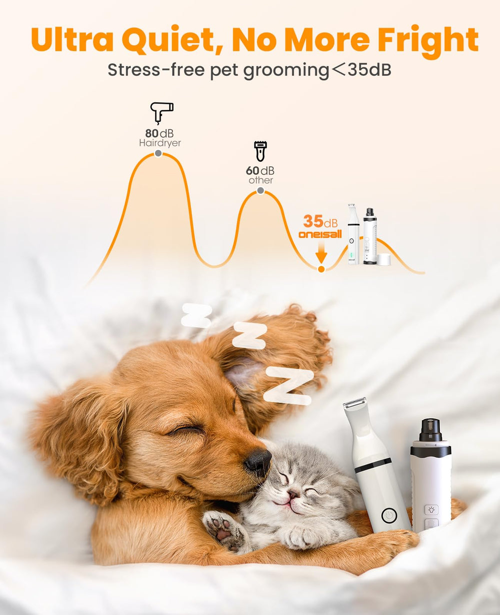 oneisall quiet grooming with 59dB paw trimmer for calm sessions