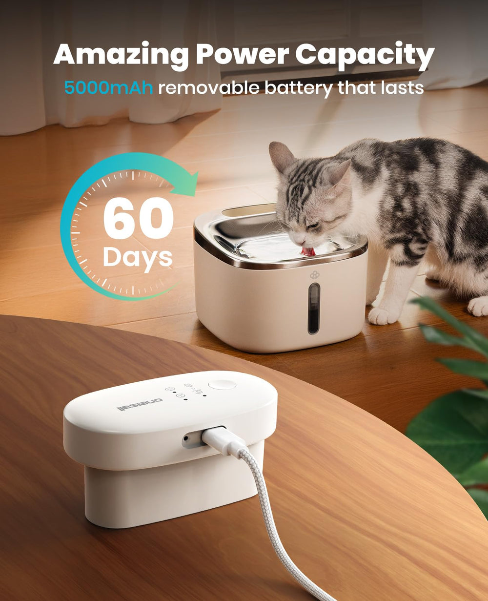 oneisall wireless cat water fountain battery life enables long, low-maintenance hydration