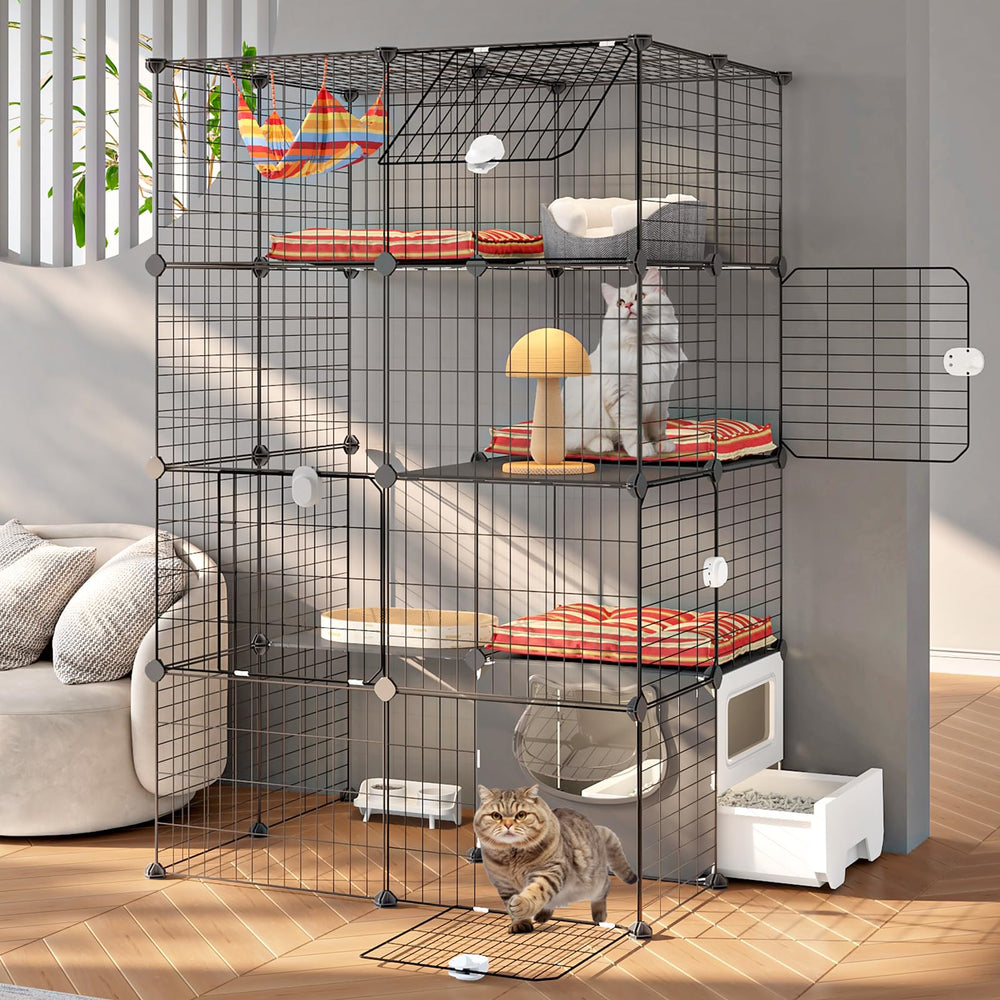 Oneluck cat cage with litter box integrated tray for easy, mess-free use