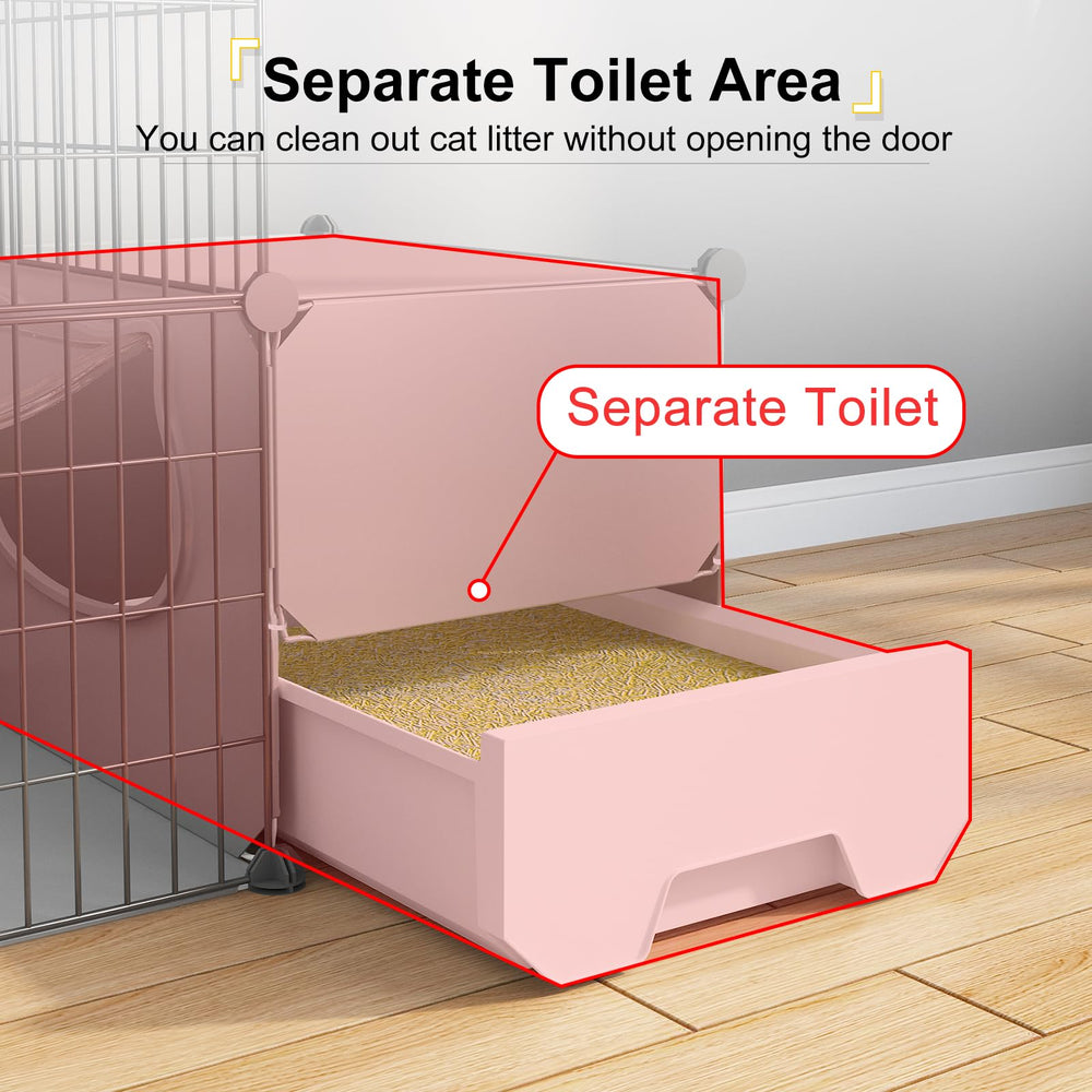 Oneluck cat cage litterbox area interior showing spill prevention.