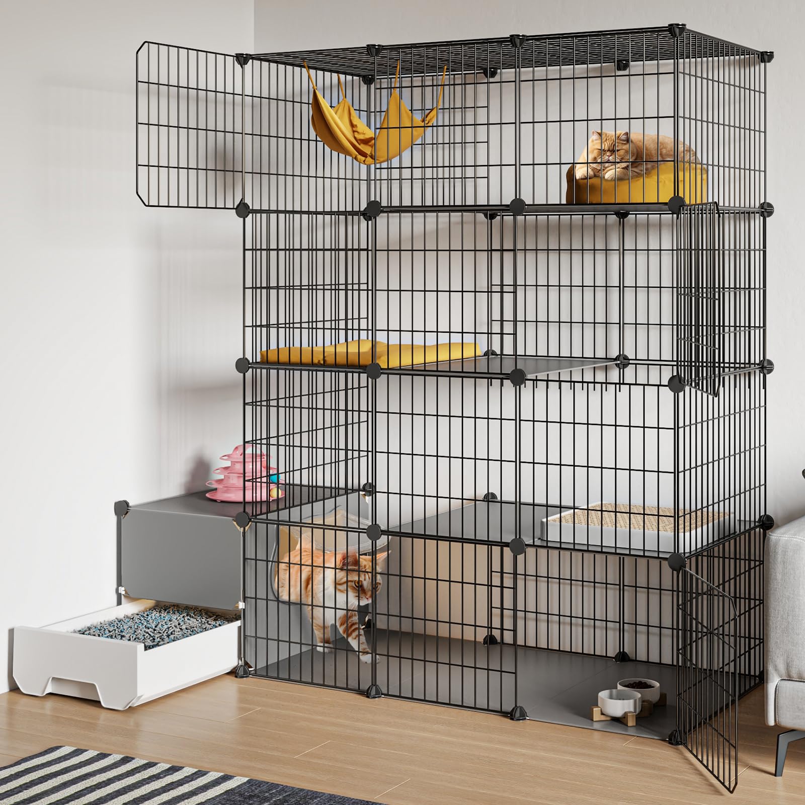 Oneluck cat cage with litterbox front view for easy cleanup.
