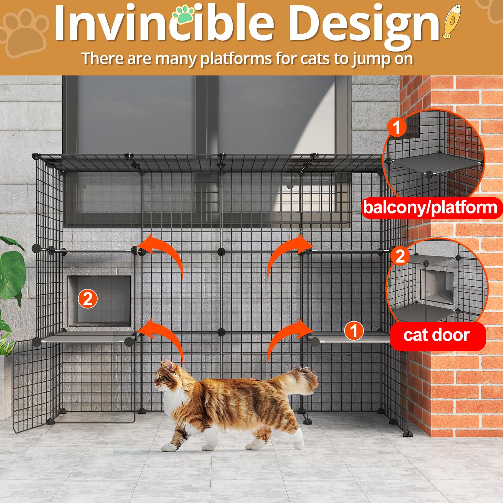 Oneluck cat playpen interior showing a 3-tier layout and four platforms for climbing.