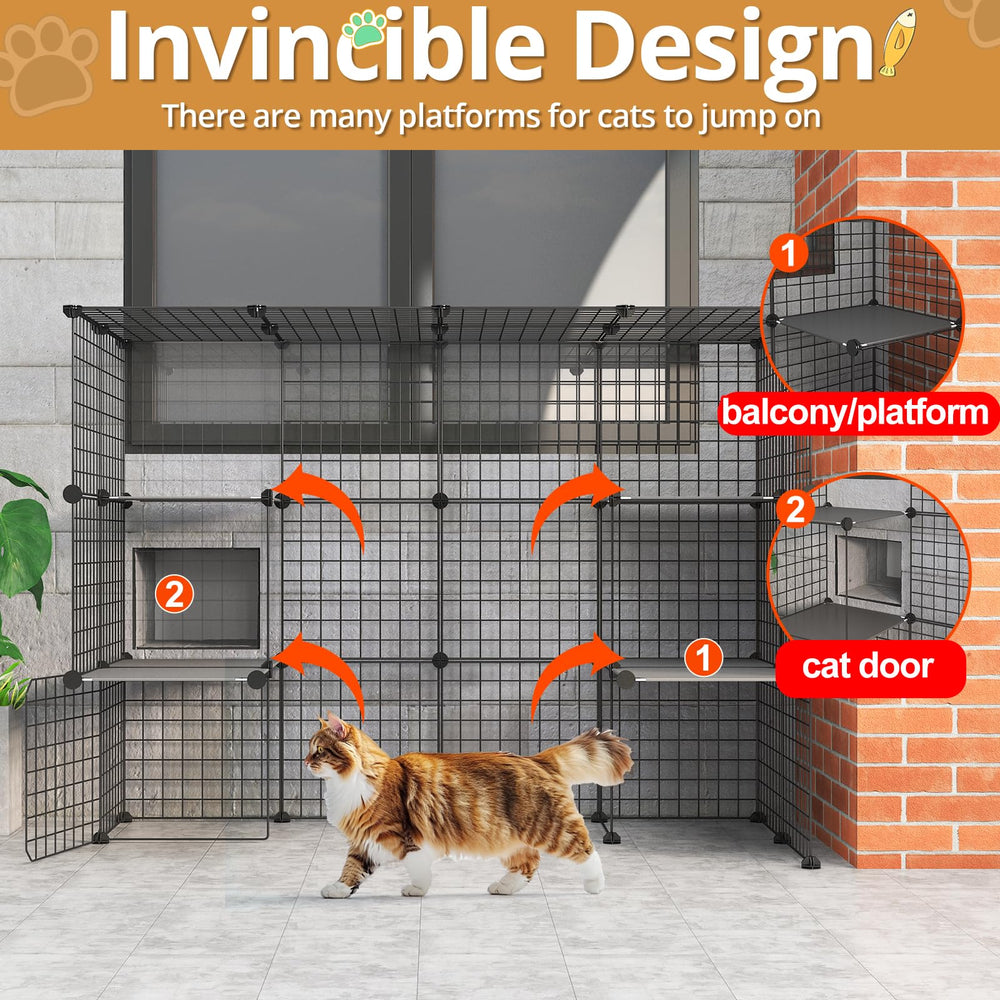 Oneluck cat playpen interior showing a 3-tier layout and four platforms for climbing.