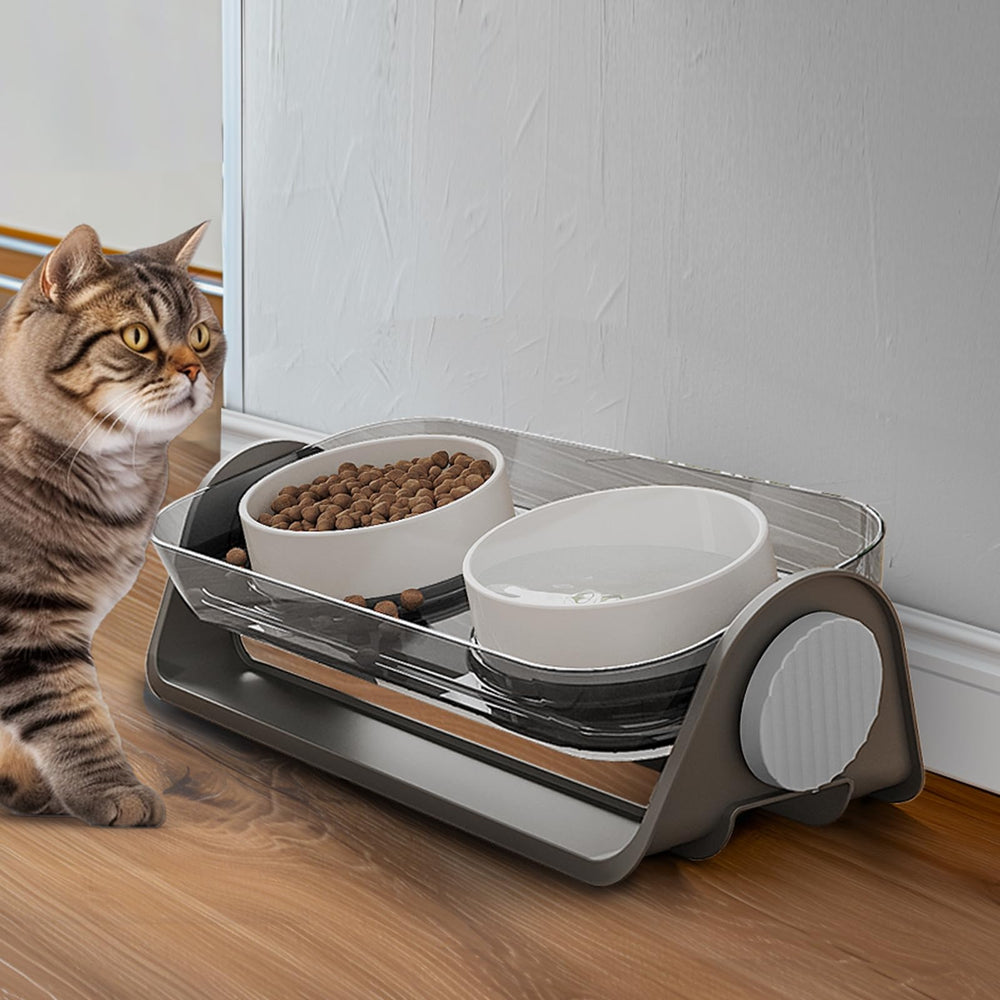 Oneluck elevated cat bowl with duo-bowl layout for neater meals