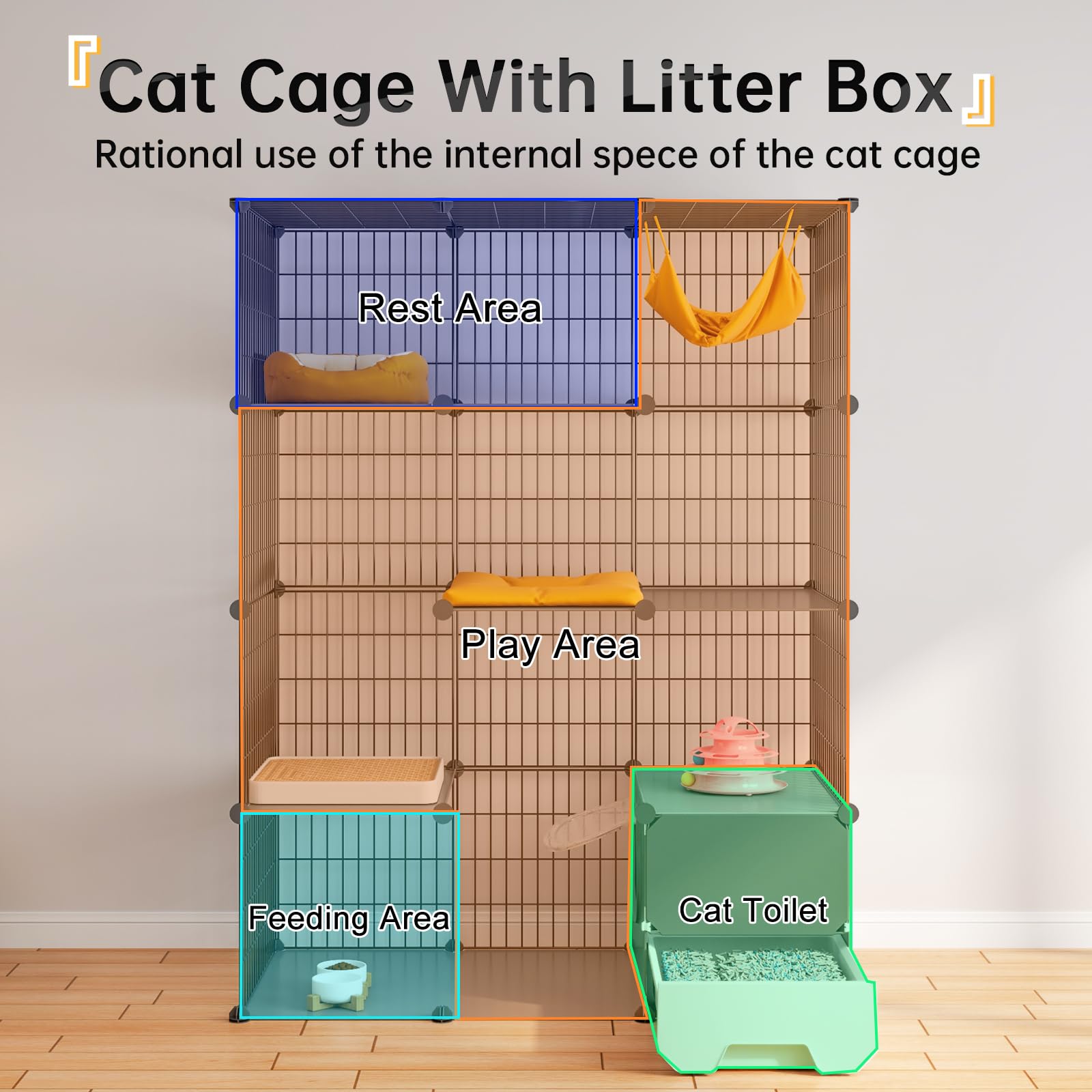 Cage dimensions 41.3" L x 17.8" W x 55.1" H for roomy cat space.