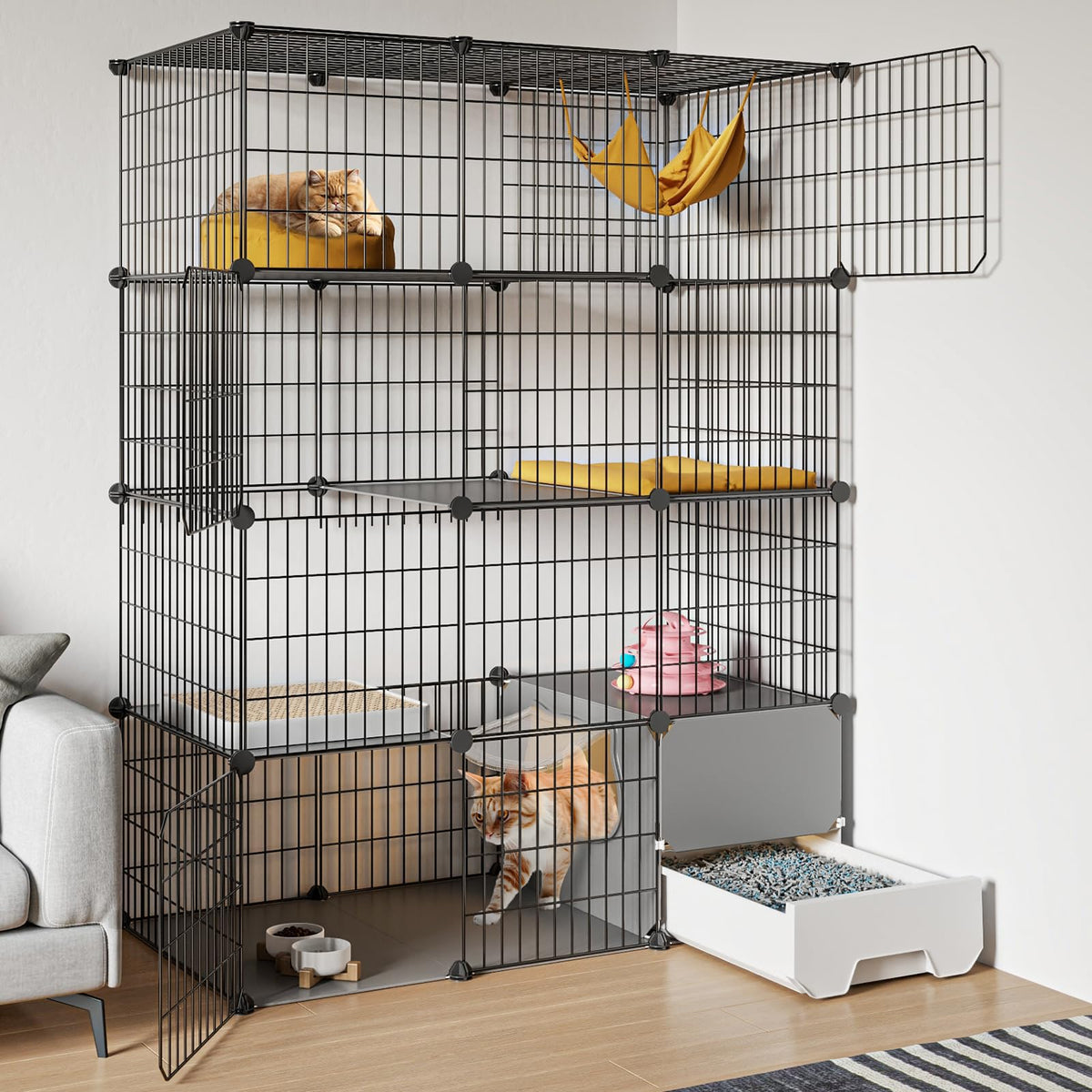 Oneluck Large Cat Cage with Litter Box keeps litter contained for cleaner indoor spaces.
