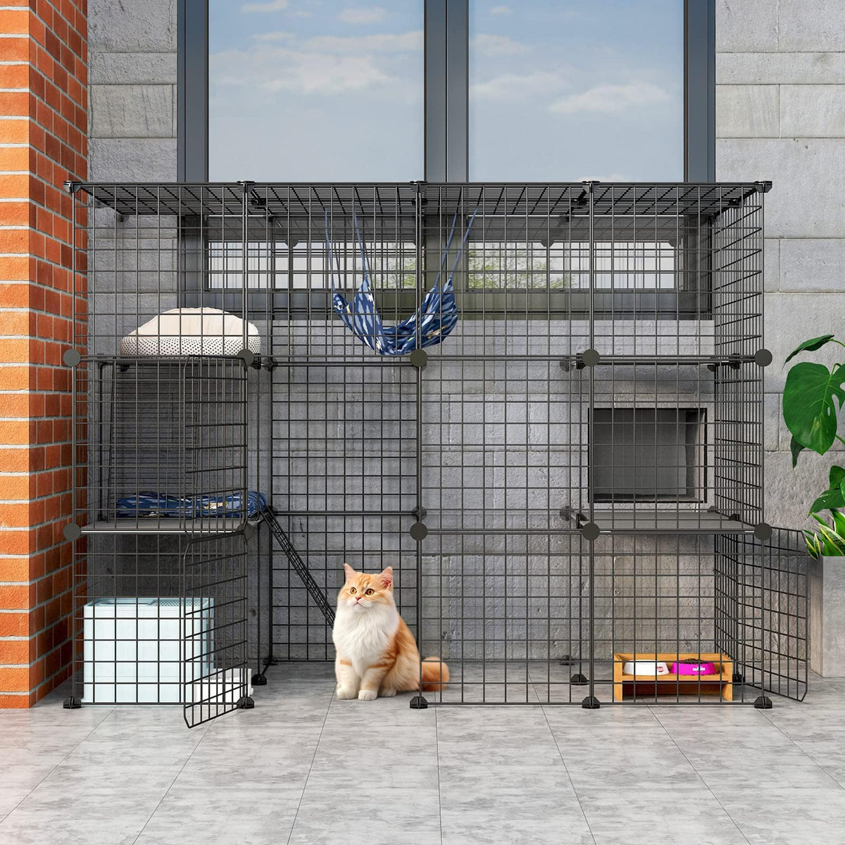 Oneluck outdoor cat house front view with oversized entry door for easy access and lounging.