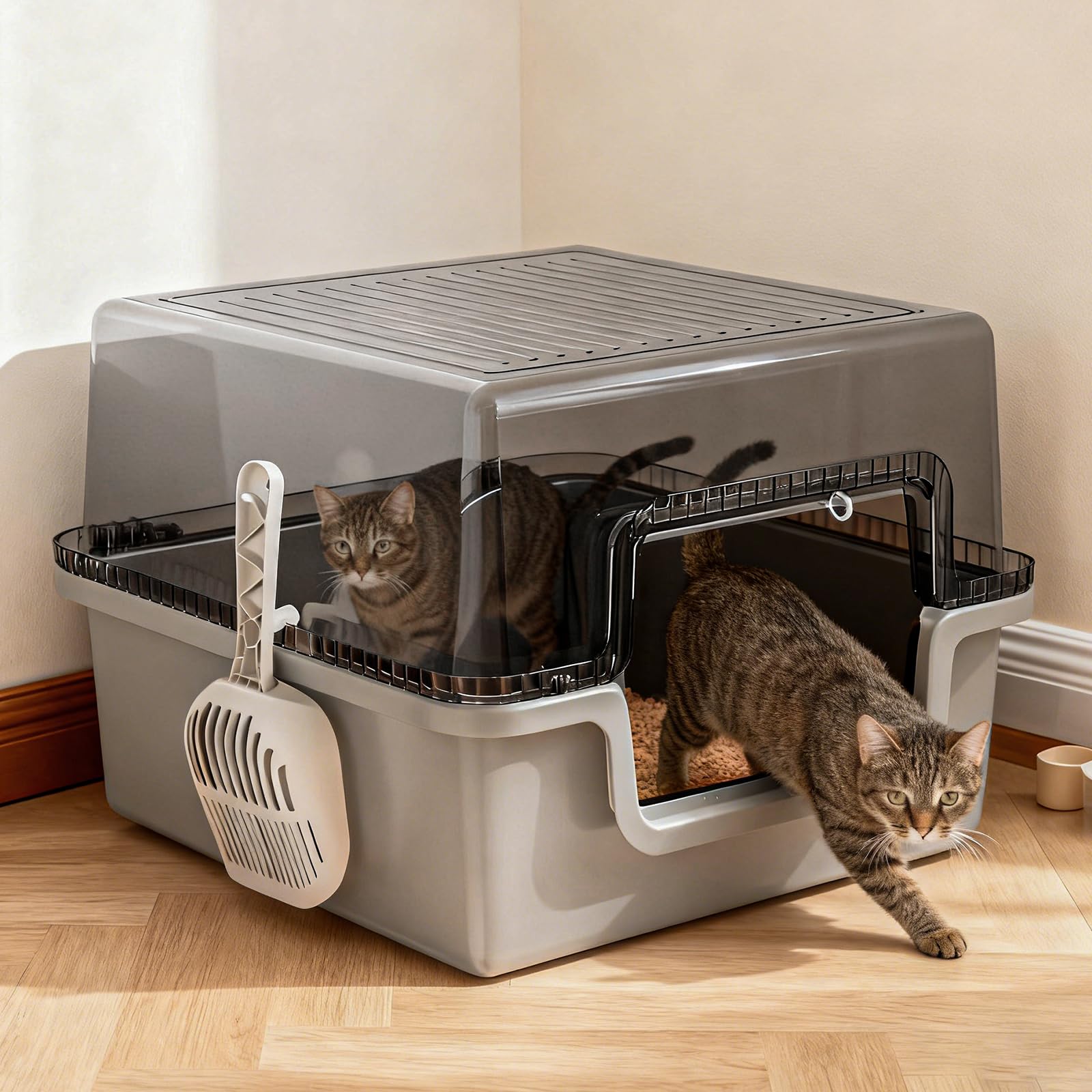Oneluck XL cat litter box with cover for private entry and comfort.