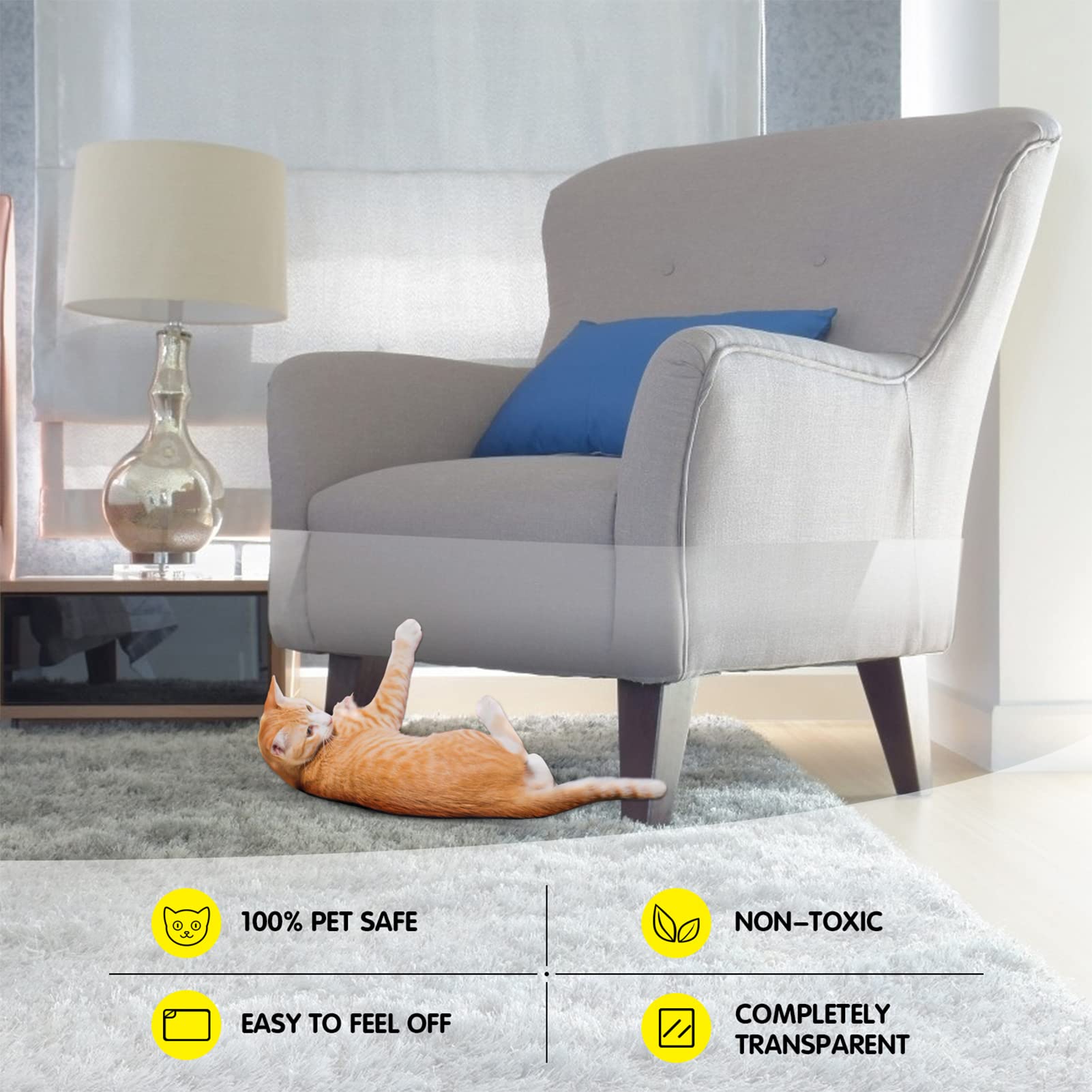 One Sight anti cat scratch tape on couch demonstrates discreet, clear protection.