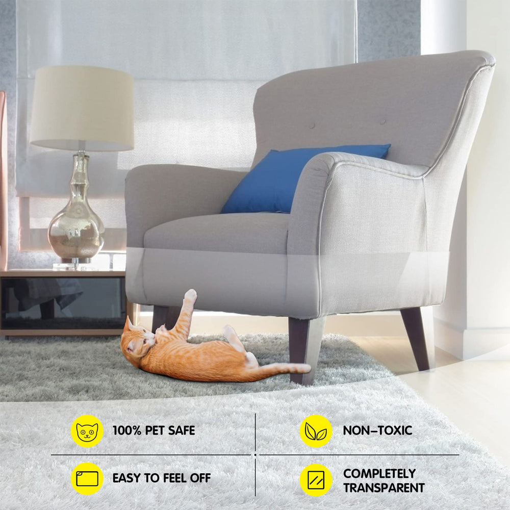 One Sight anti cat scratch tape on couch demonstrates discreet, clear protection.