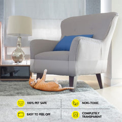 One Sight anti cat scratch tape on couch demonstrates discreet, clear protection.