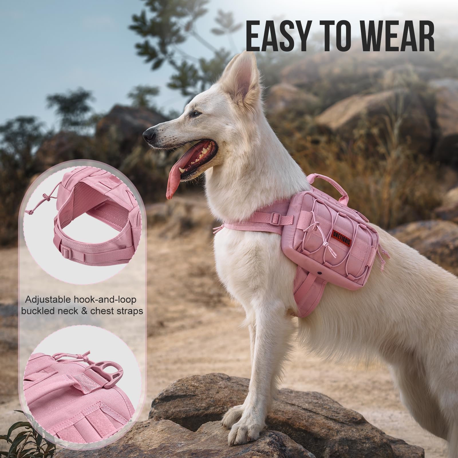 ONETIGRIS umbrella pocket on dog backpack for extra gear during weather changes.